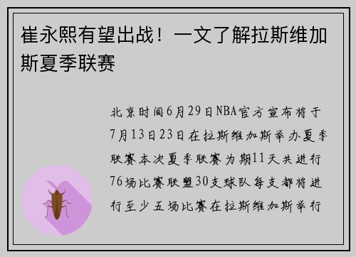 崔永熙有望出战！一文了解拉斯维加斯夏季联赛