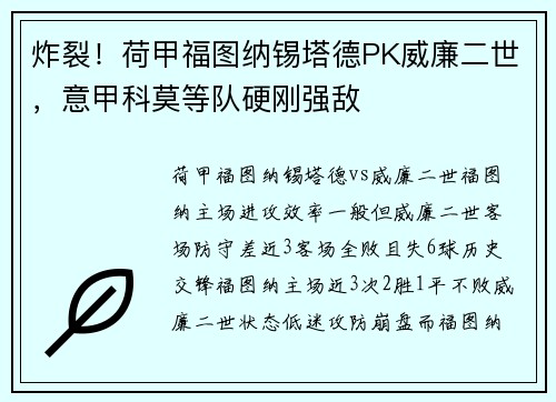 炸裂！荷甲福图纳锡塔德PK威廉二世，意甲科莫等队硬刚强敌